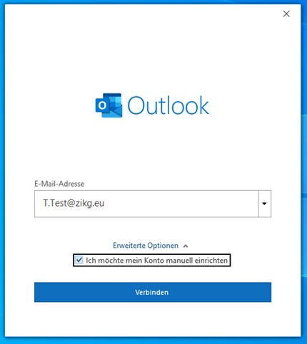Anmeldemaske Outlook, erweiterte Einstellungen öffnen und manuell einrichten anklicken.